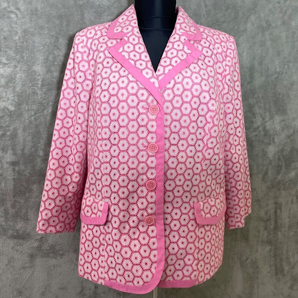 Victor Costa Occasion Sz M Blazer Jacket Pink/white Eyelet Button lined Career